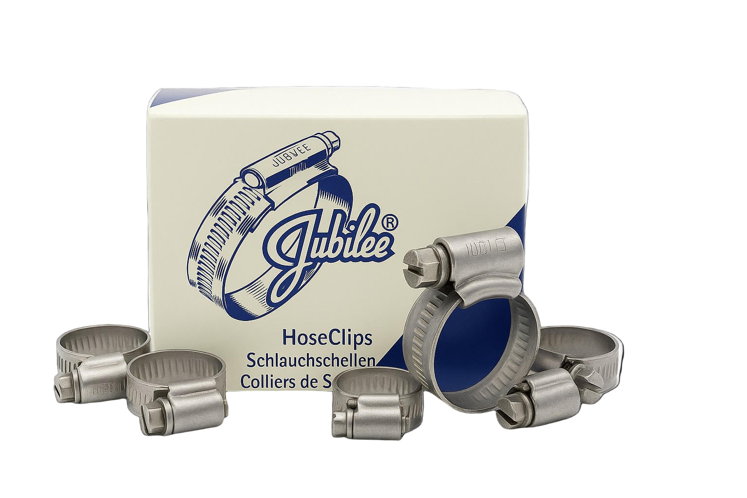 Jubilee hose clips with packaging on a white background