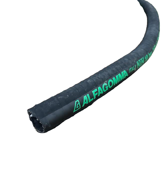 Black hose with green 'Alfagomma' branding on a white background